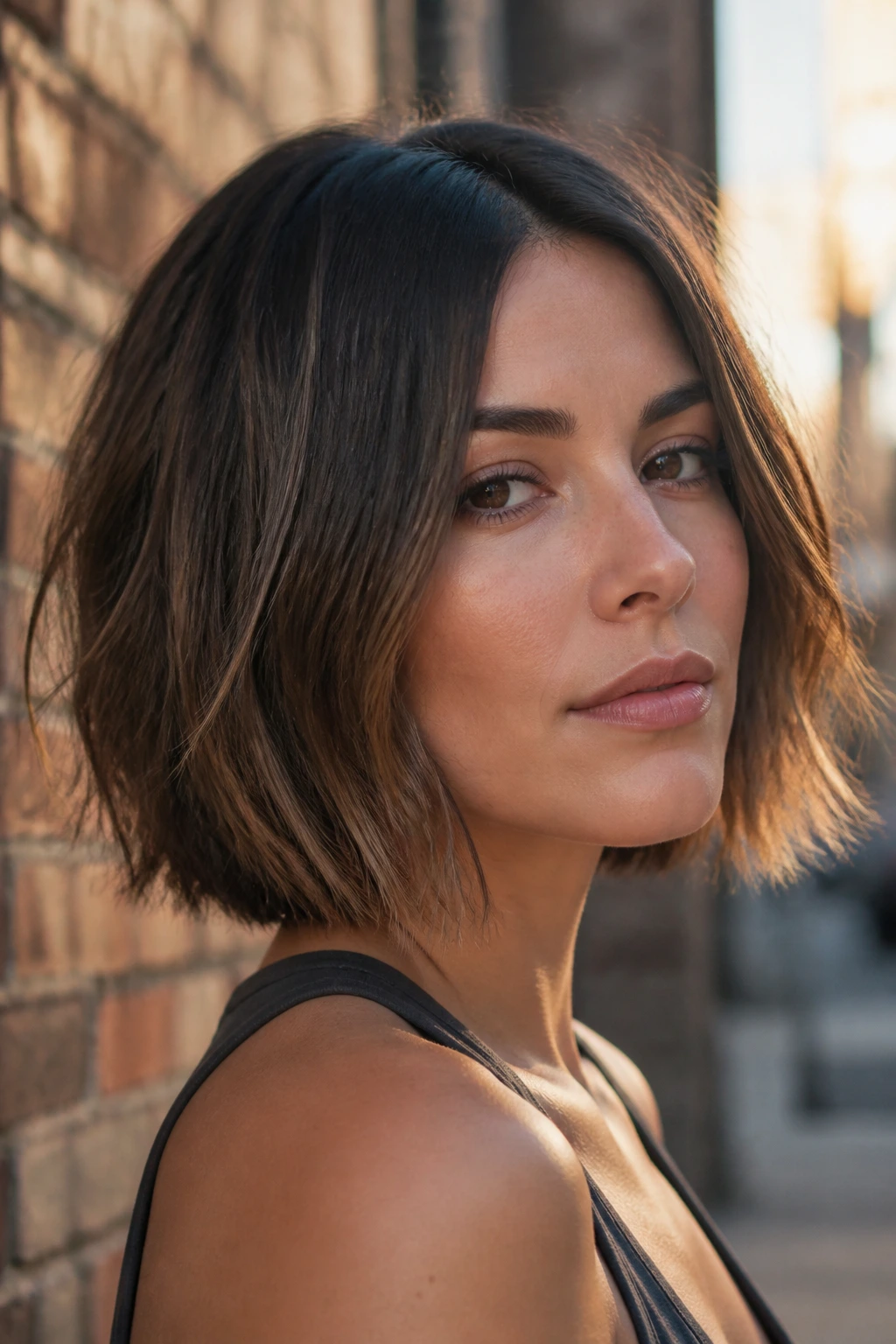 Portrait of real woman with razored bob and feathered edges in urban golden hour light