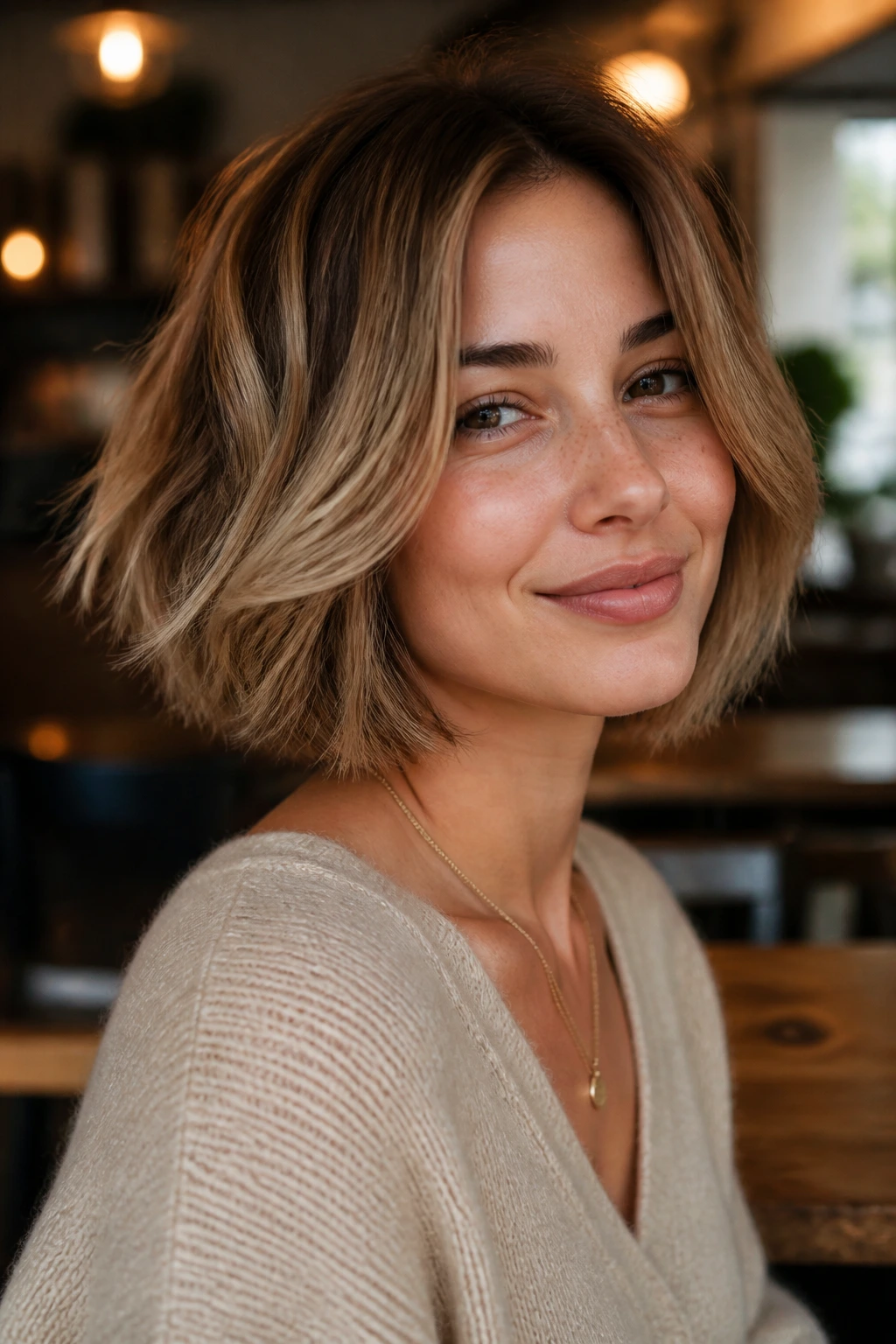 Real woman's softly razored bob with feathered perimeter and movement