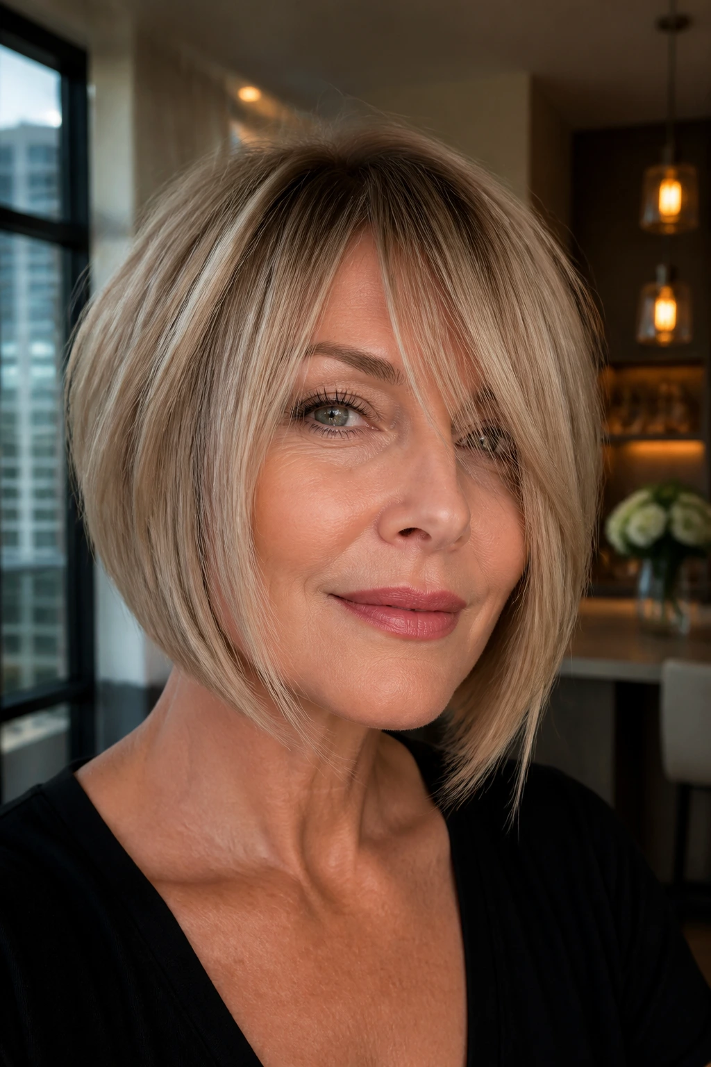 Real woman with razored bob and long bangs in urban interior light