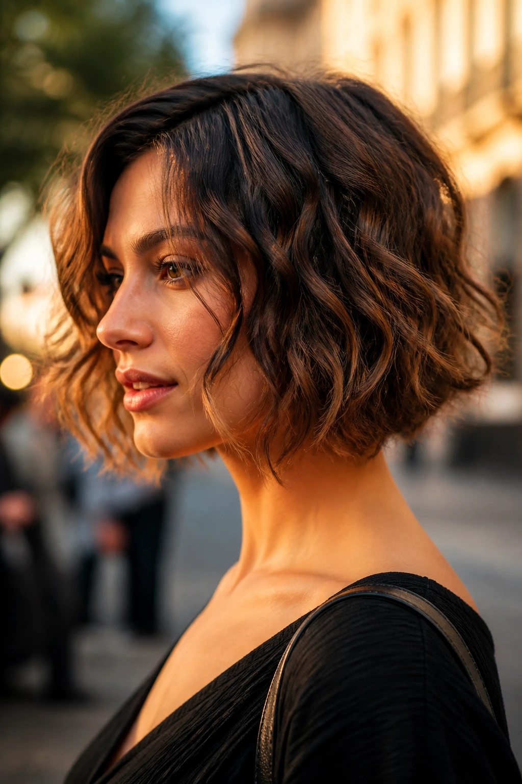 Close-up of a real woman with razored bob hairstyle and textured waves