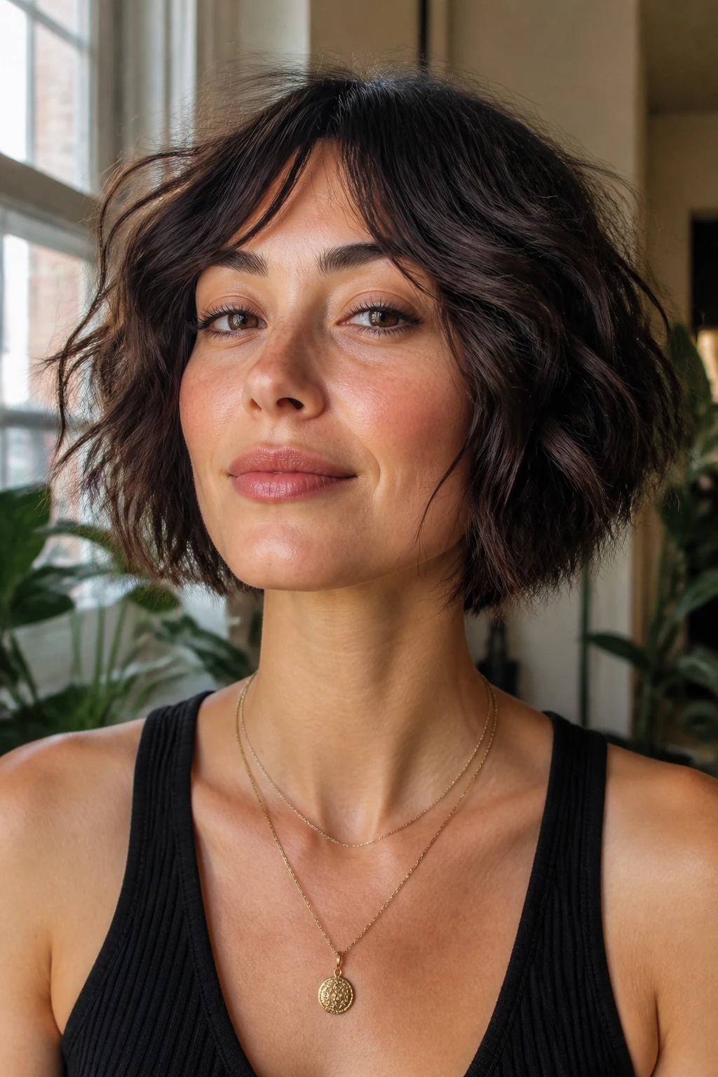 Close-up portrait of a real person with razored bob and piecey ends in natural window light