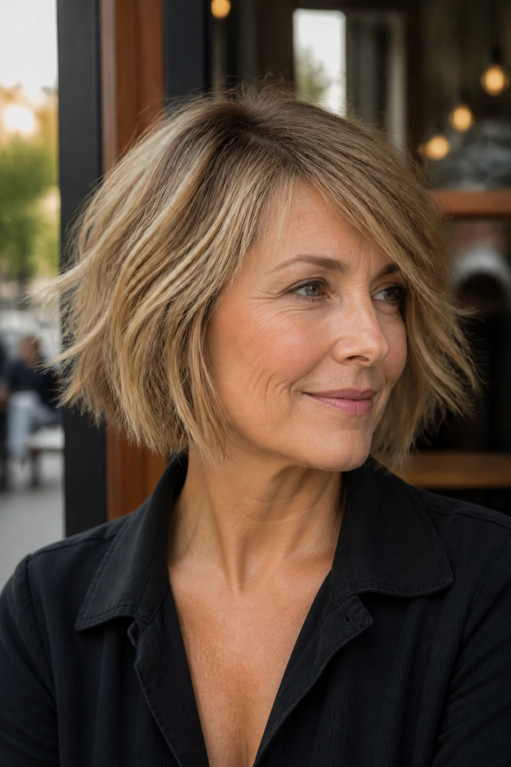 Portrait of a real woman with razored bob shag hairstyle