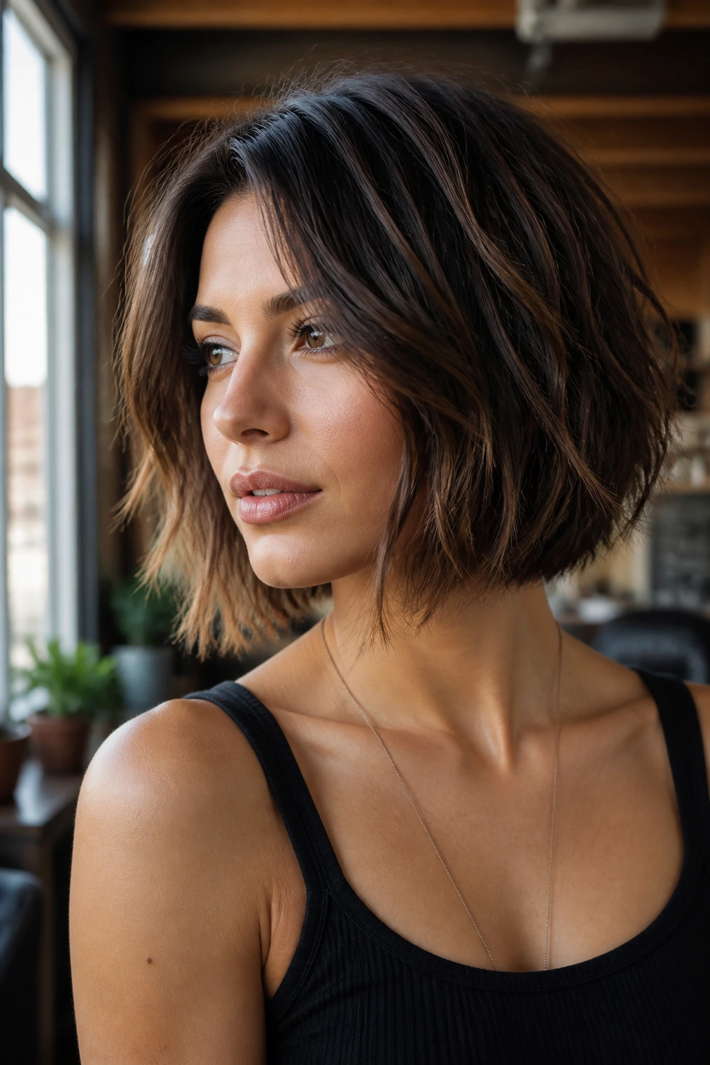 Real woman with razored bob and tousled finish