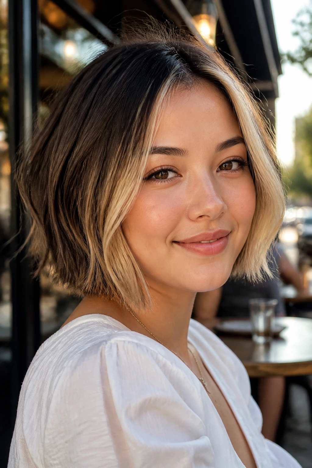 Portrait of a real woman with a razored bob and wheat blonde panels.