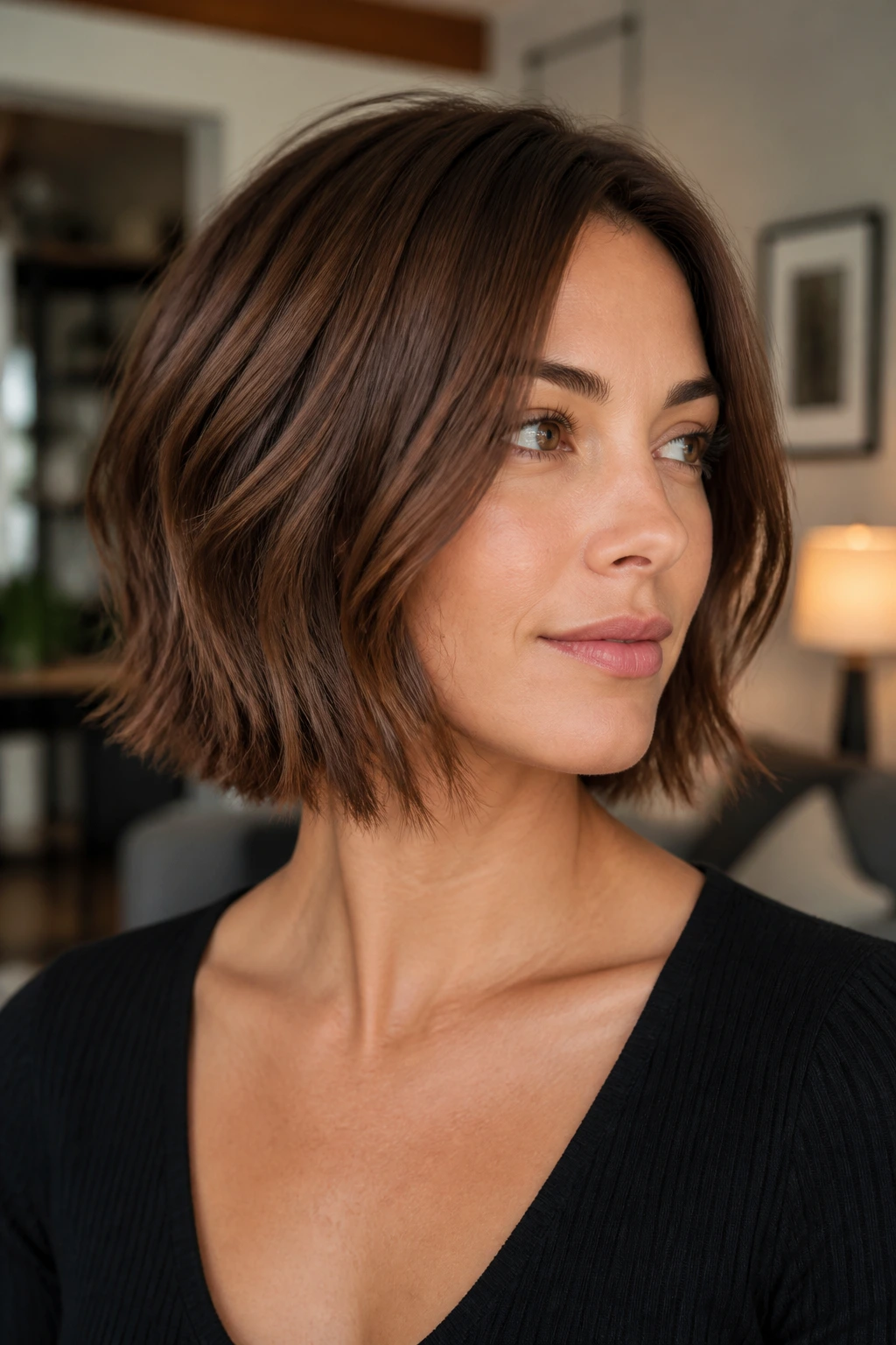 Close-up portrait of a real woman with a razored bob and whispery ends.