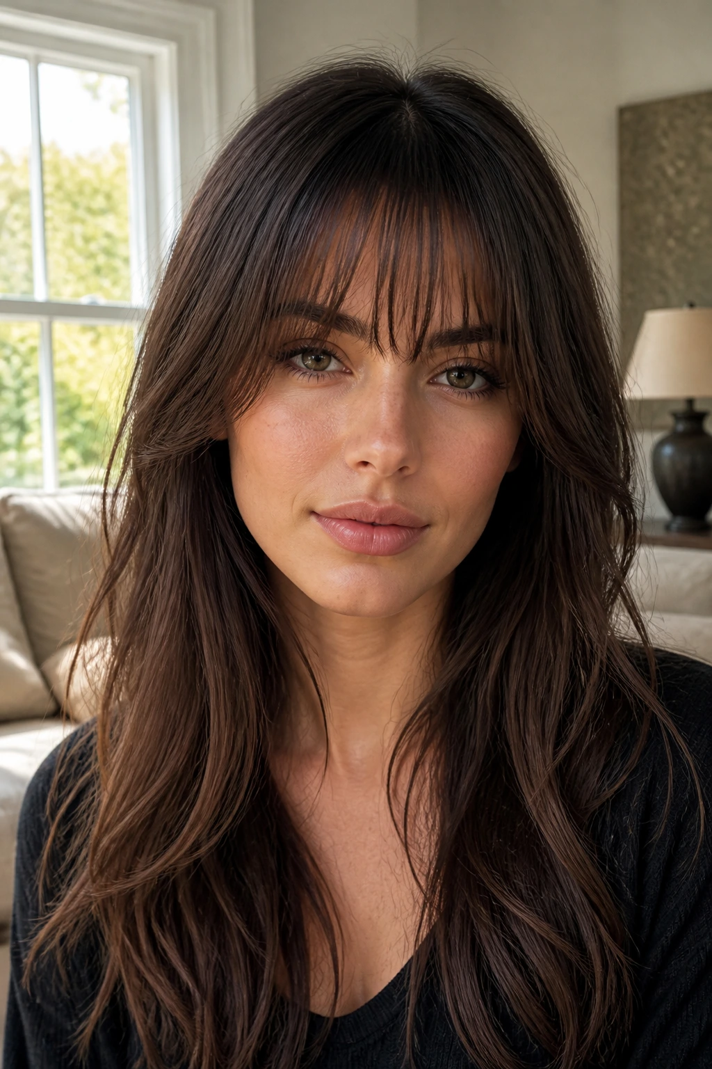 Close-up portrait of a real woman with razored bottleneck bangs in soft window light