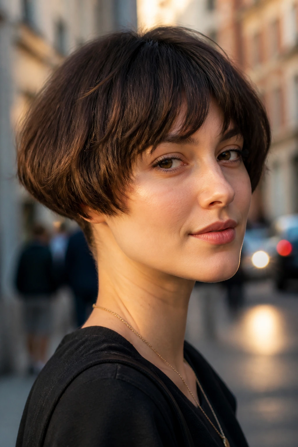 Close-up portrait of a real person with a razored bowl bob and soft edges in an outdoor urban setting