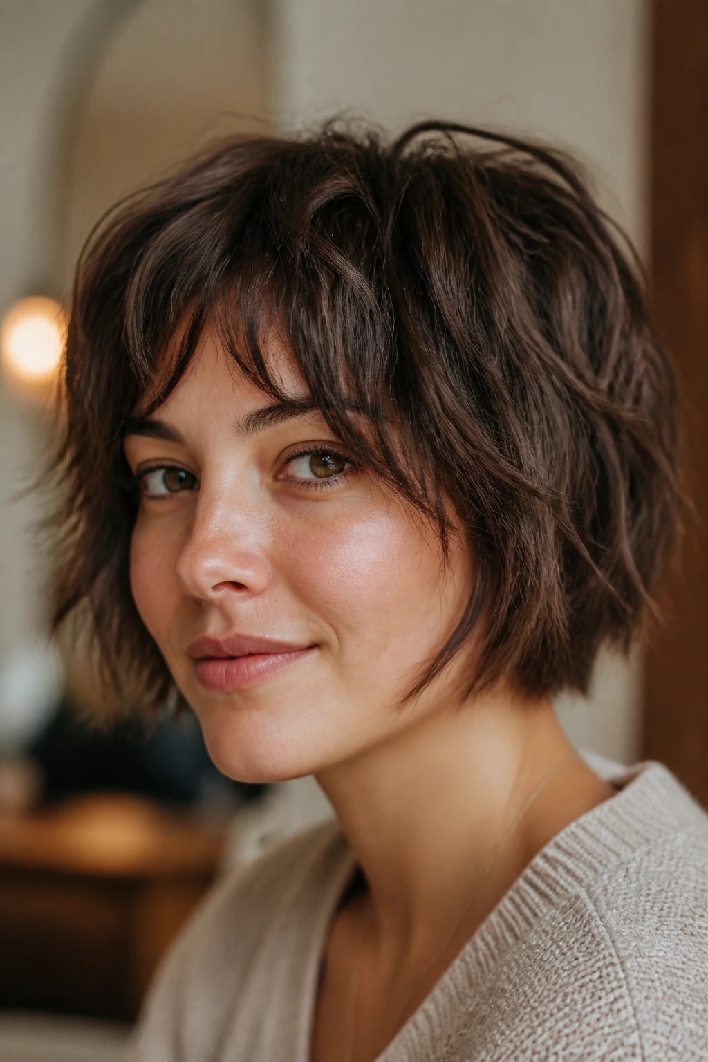 Real woman with razored chin-length shag in a warm, cozy interior