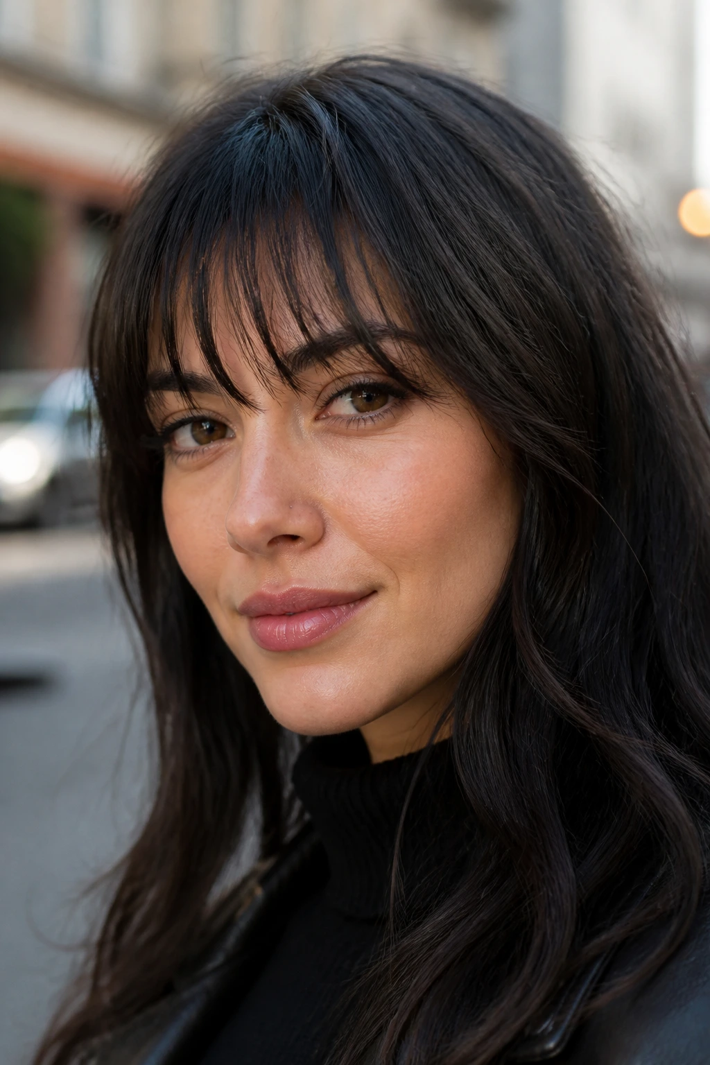 Portrait of real woman with razor-cut fringe on coarse hair.
