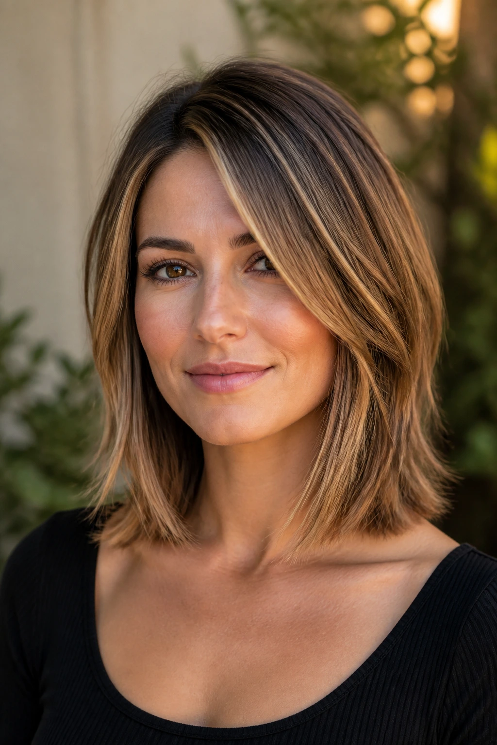 Portrait of a real person with a shoulder-length razored collarbone cut and caramel highlights