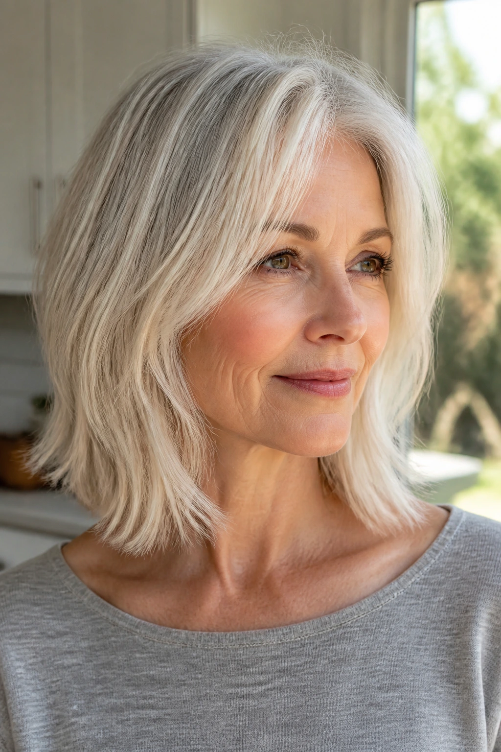 Portrait of a real person with a razored collarbone cut and subtle babylights.
