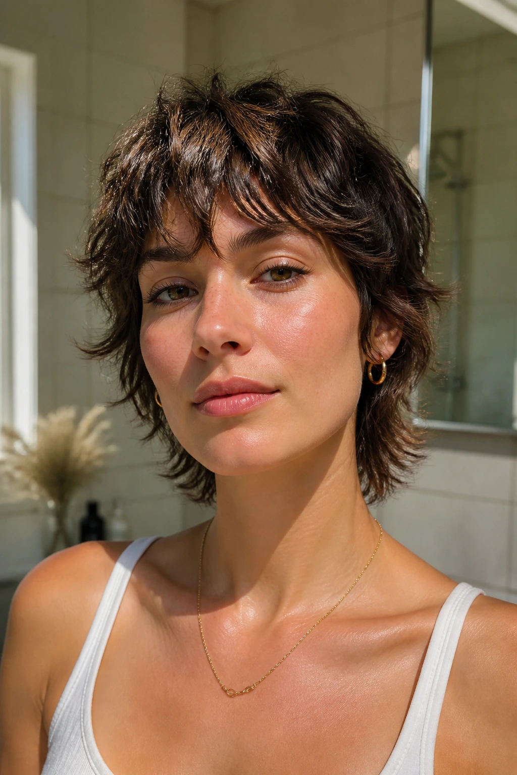 Close-up portrait of a real woman with razored crop shag in a sunlit bathroom