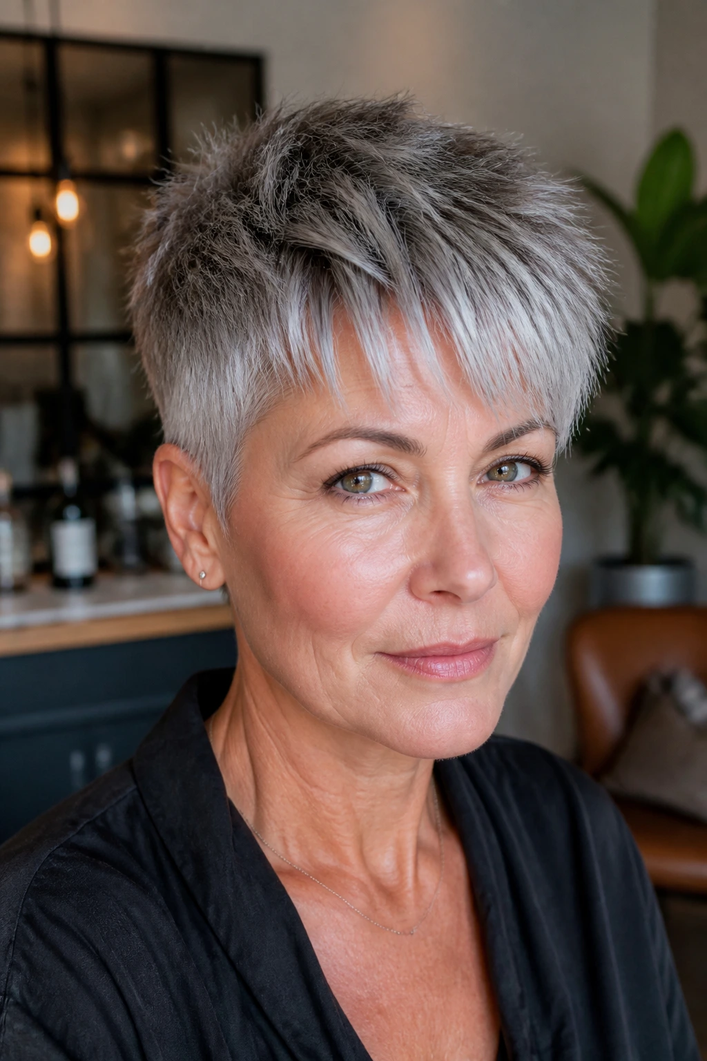 Close-up portrait of a real woman with razored crown crop and piecey ends gray hair