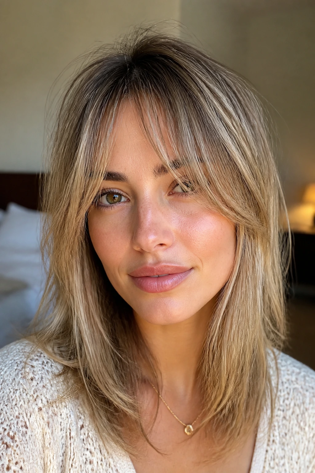 Close-up portrait of a real woman with razored piecey curtain bangs in natural window light