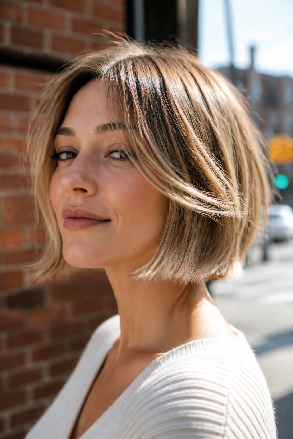 Close-up of a real woman with a razored edge chin-length bob