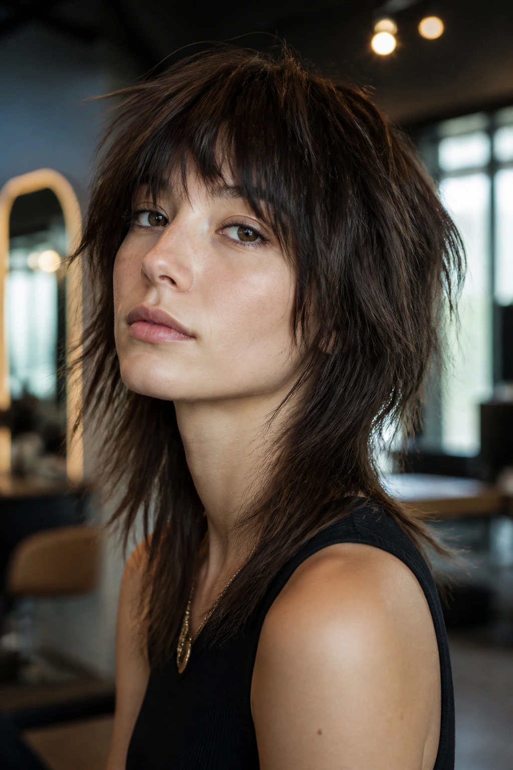 Portrait of a real person with razor-end shag texture