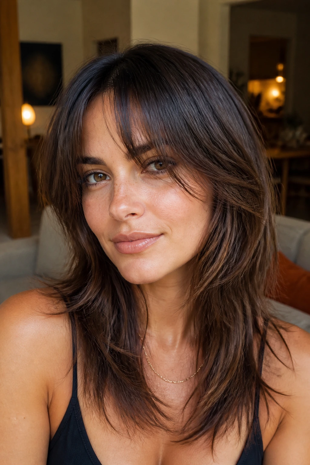 Close-up of a real woman with razored ends and piecey curtain bangs