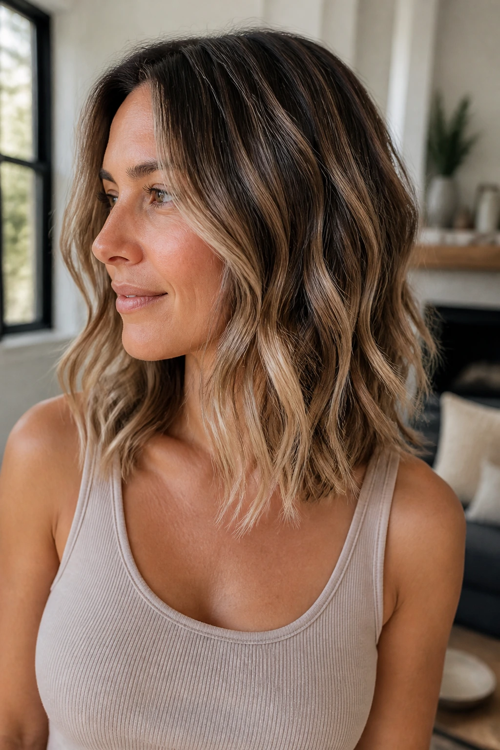 Close-up of a real woman with razored ends and loose S-waves