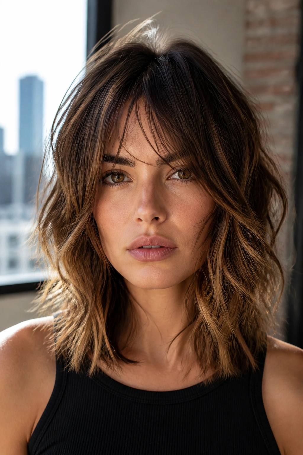 Close-up portrait of a real woman with razored ends and piecey waves.