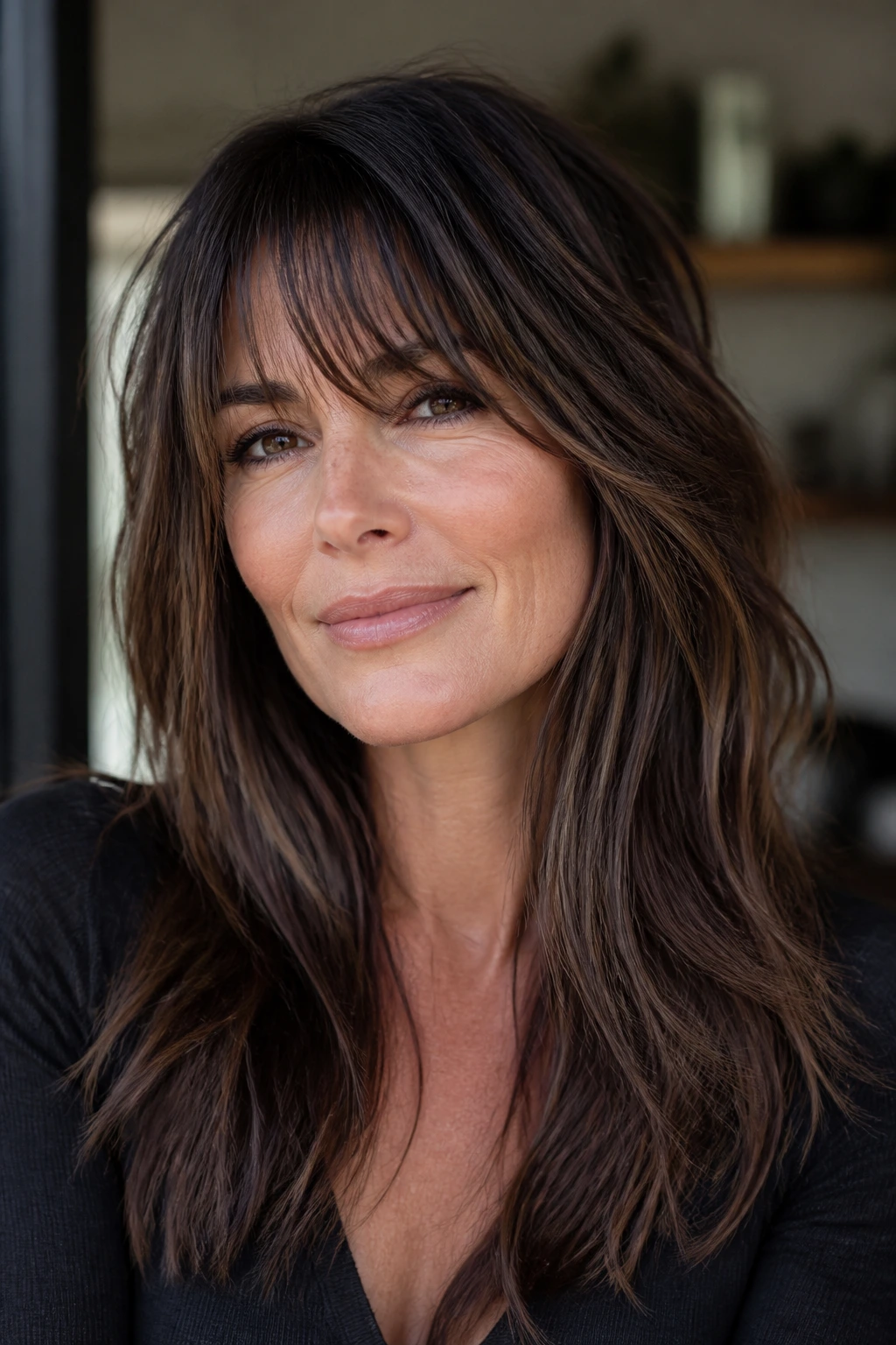 Close-up of a real woman with razored ends and smoky brunette lowlights.