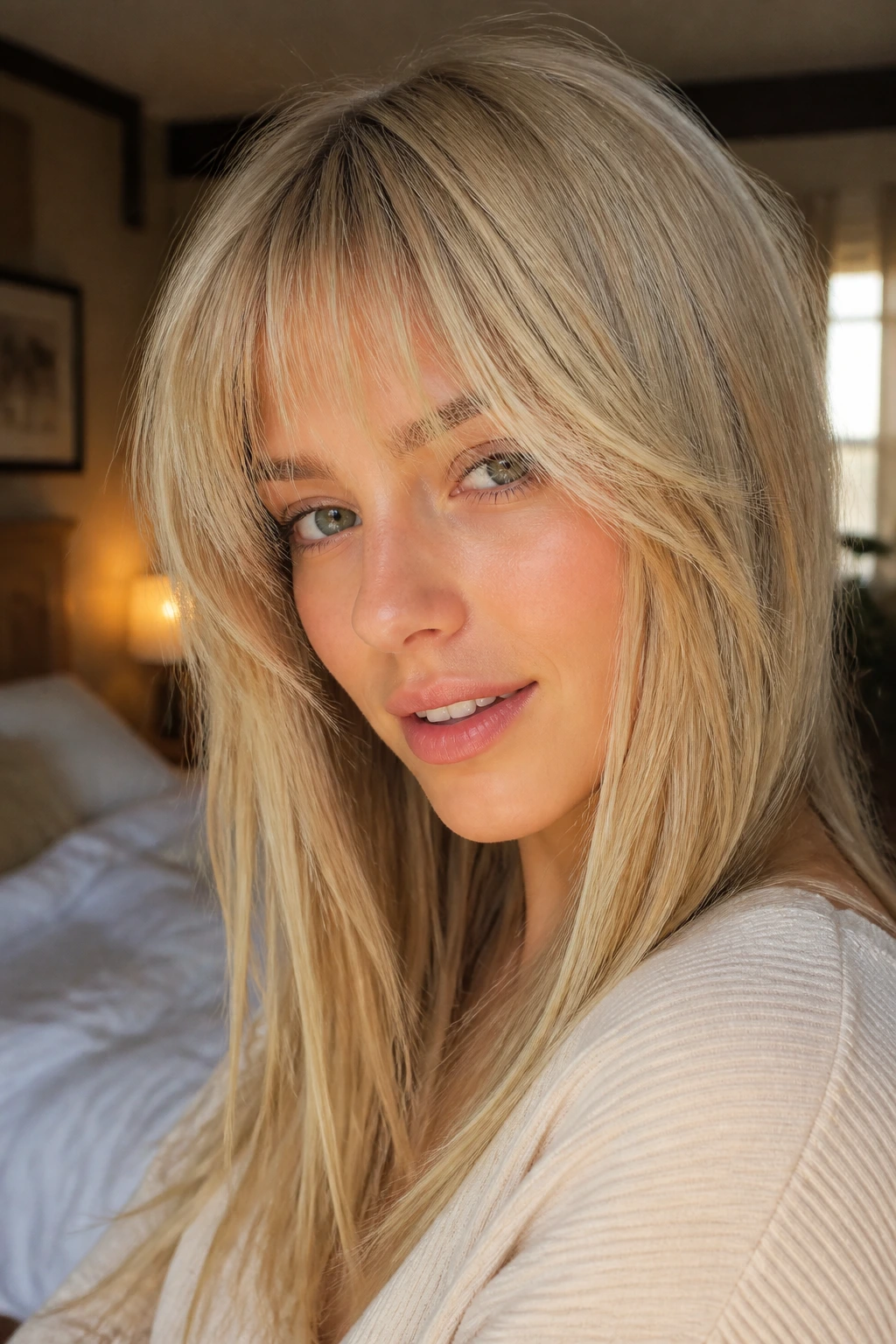 Close-up of a real woman with razored ends and wispy fringe in warm indoor light
