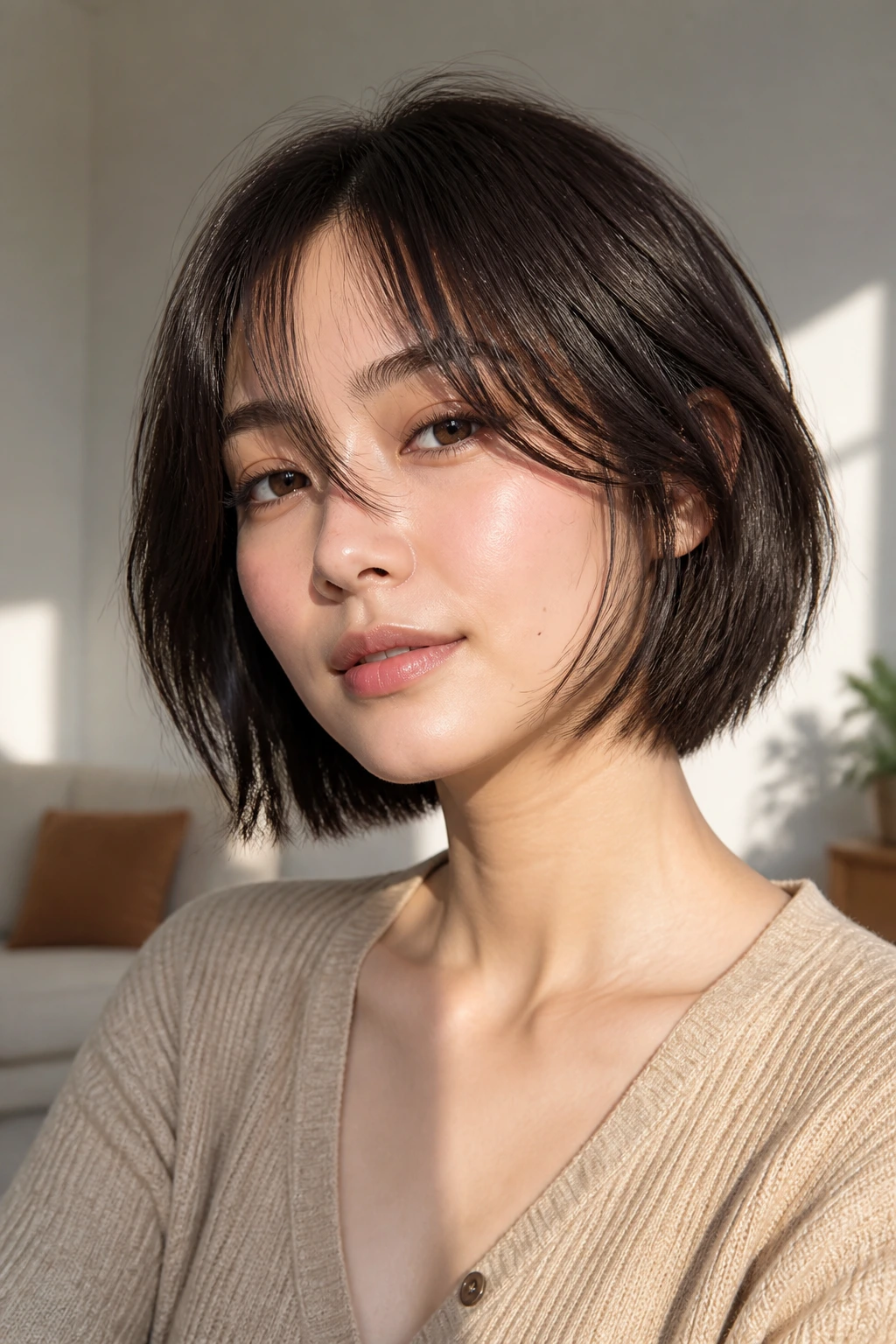Close-up portrait of a real woman with razor-cut fine-hair bob and wispy ends in bright light