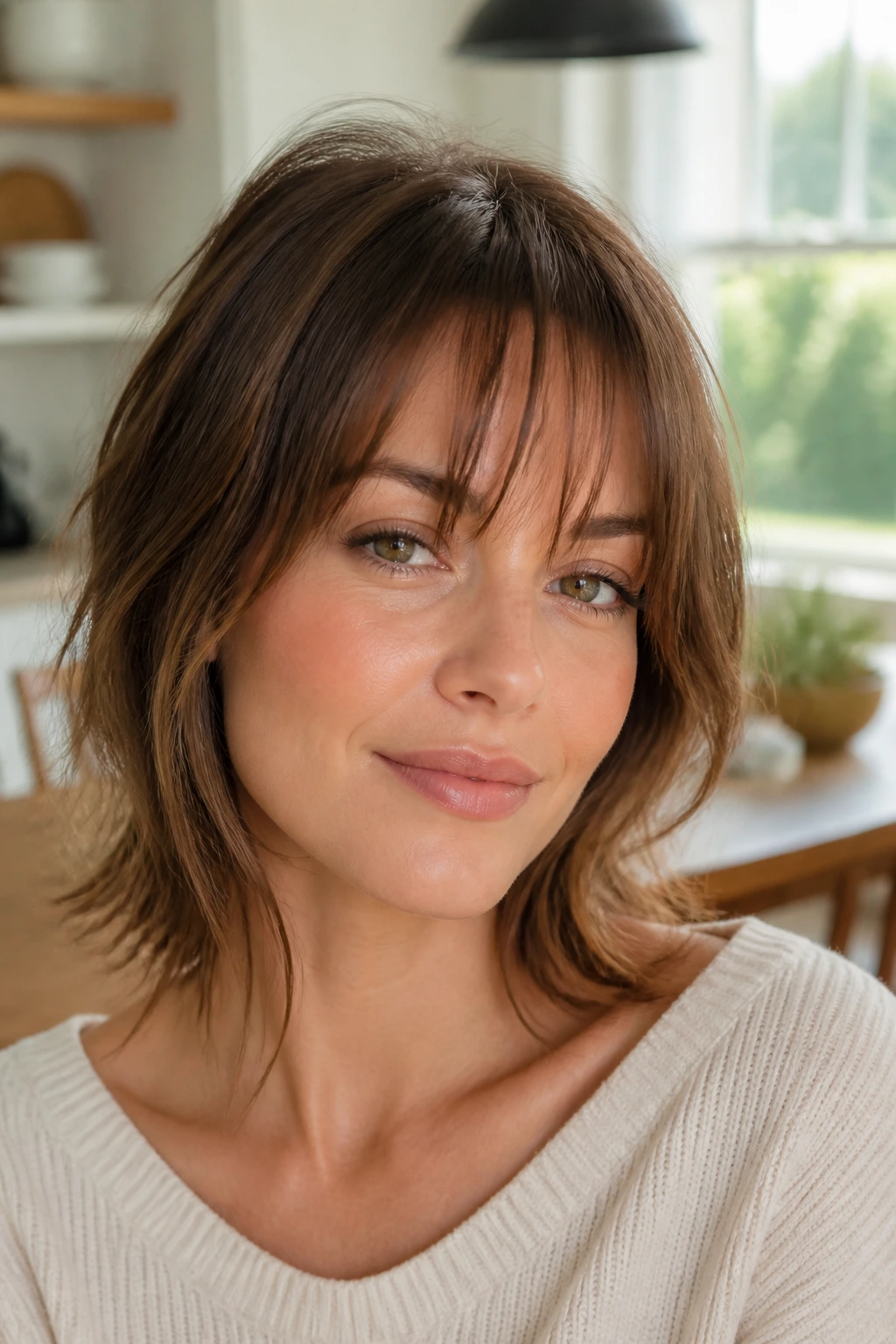 Close-up portrait of a real woman with razored fringe and airy strands in natural light