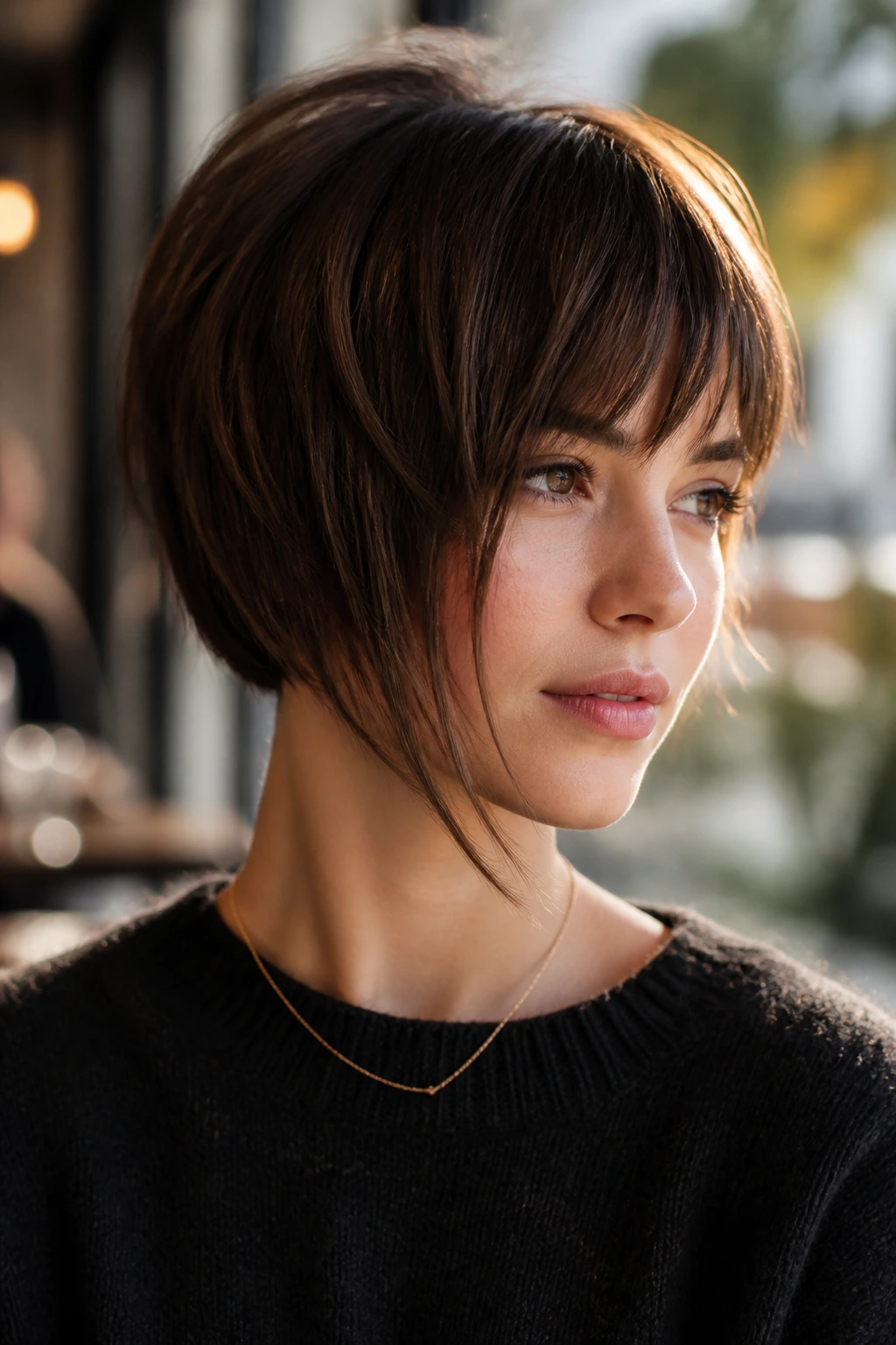 Portrait of a real woman with razor-cut fringe and asymmetrical bob.