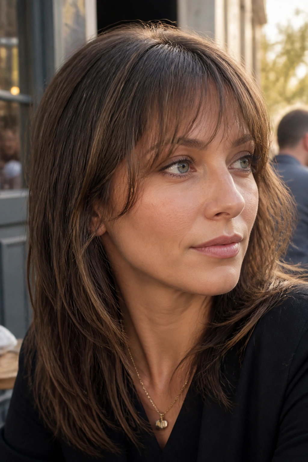 Close-up of a real woman with a razored fringe and bent ends