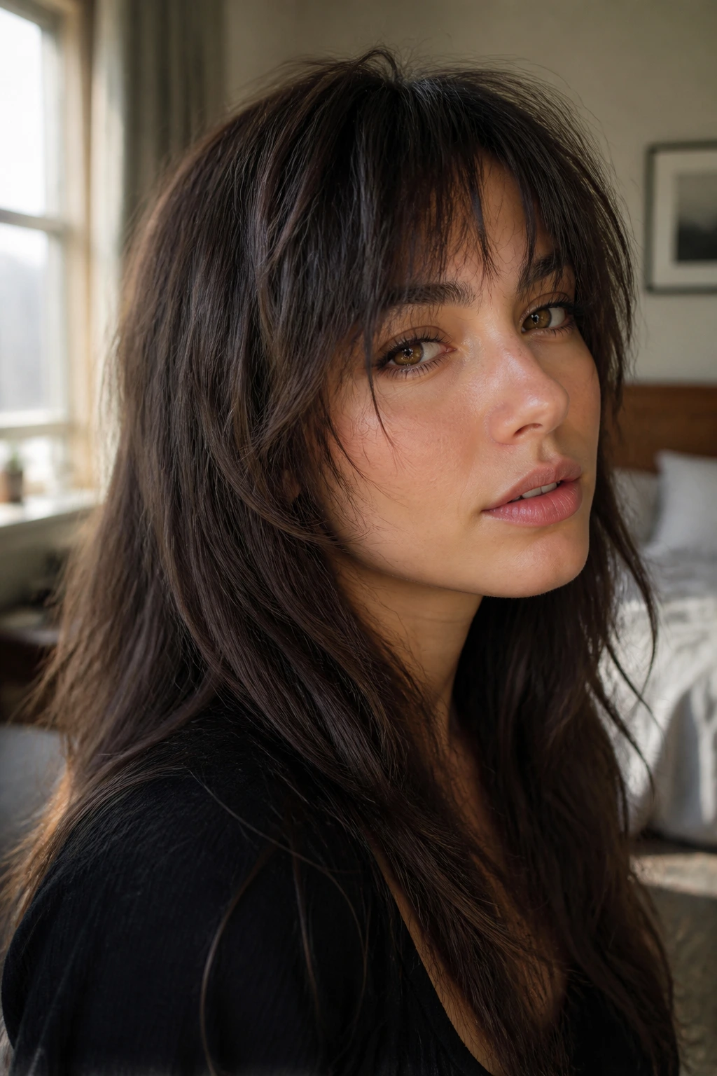 Close-up of a real woman with razored choppy fringe under warm window light