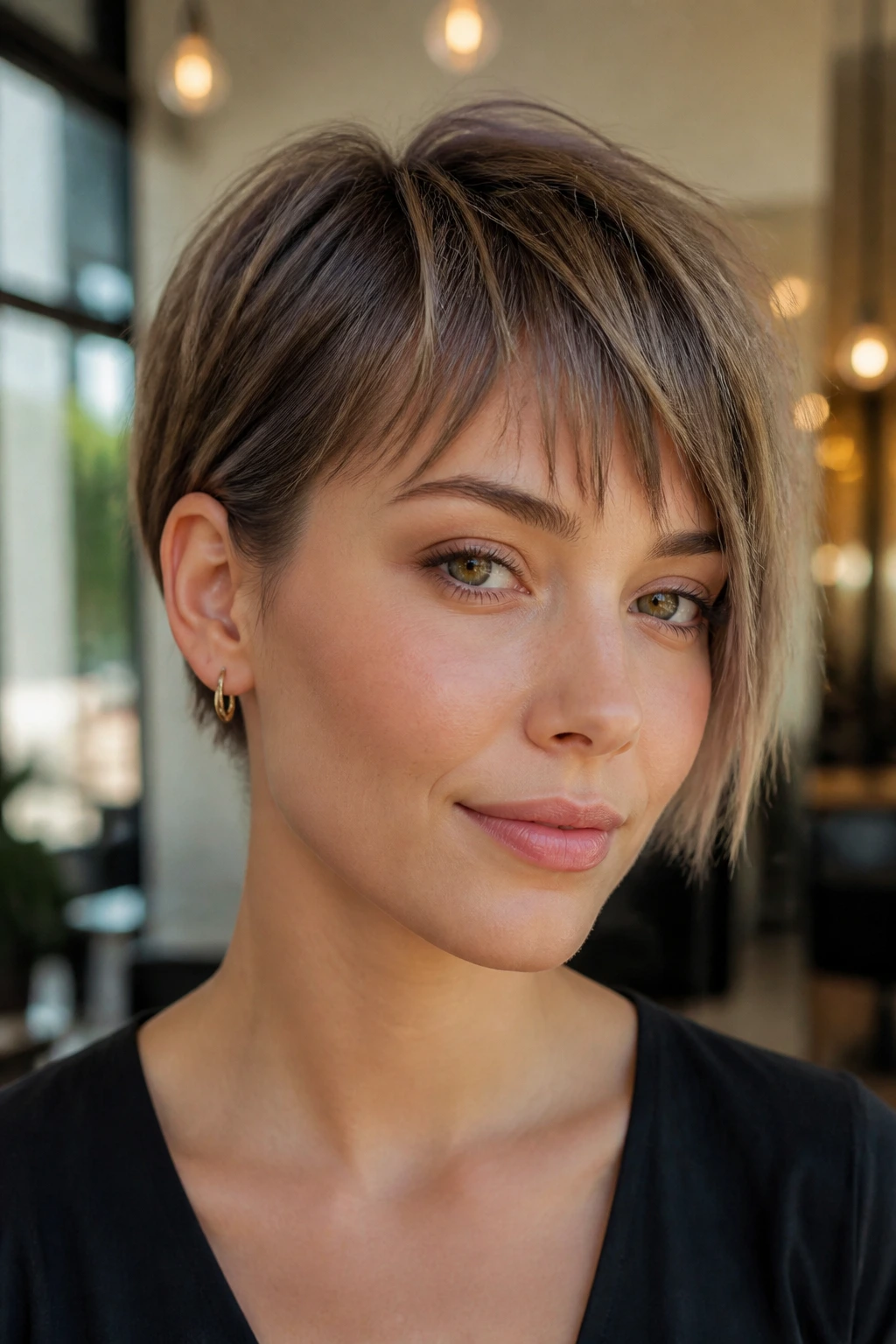 Close-up of a real woman with a razor fringe and tuckable side on a cropped cut