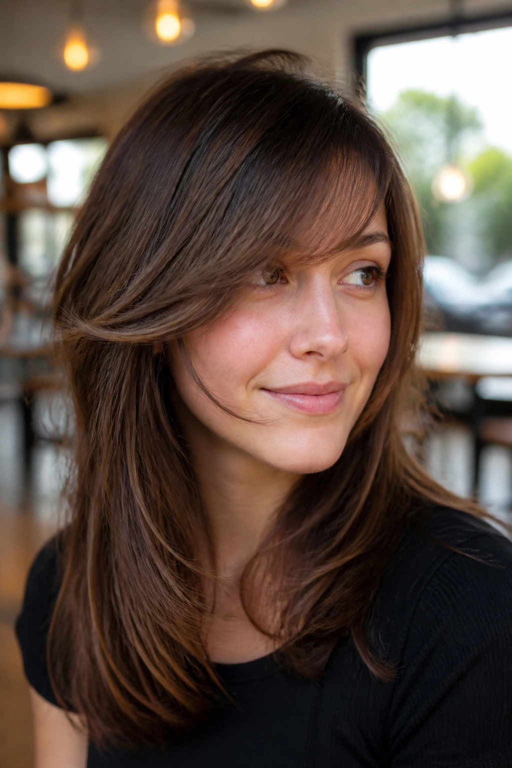 Portrait of a real woman with razor-cut fringe and flicked tips in a cafe glow.