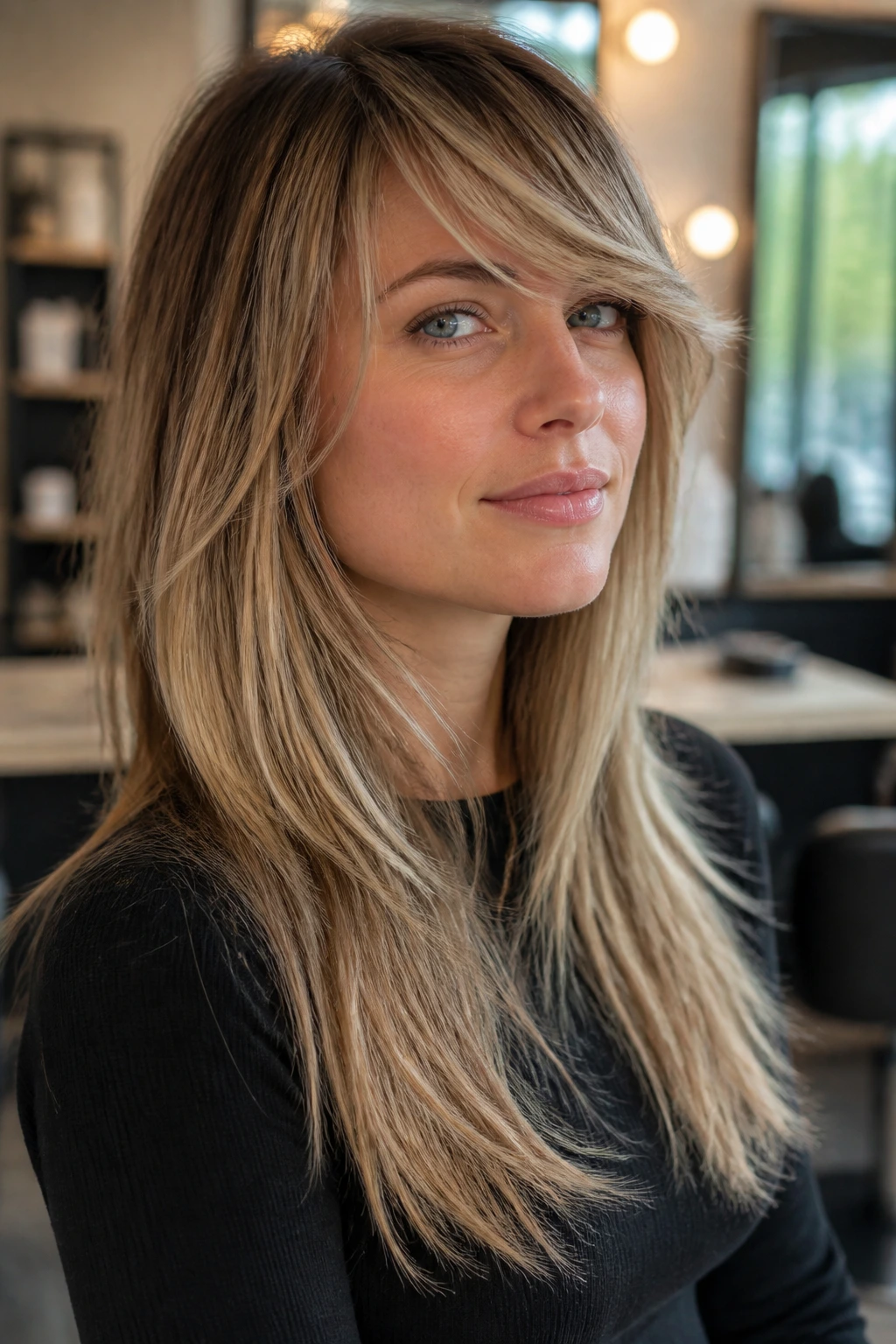 Close-up portrait of a real woman with razored length layers and a side-swept fringe in a warm salon.