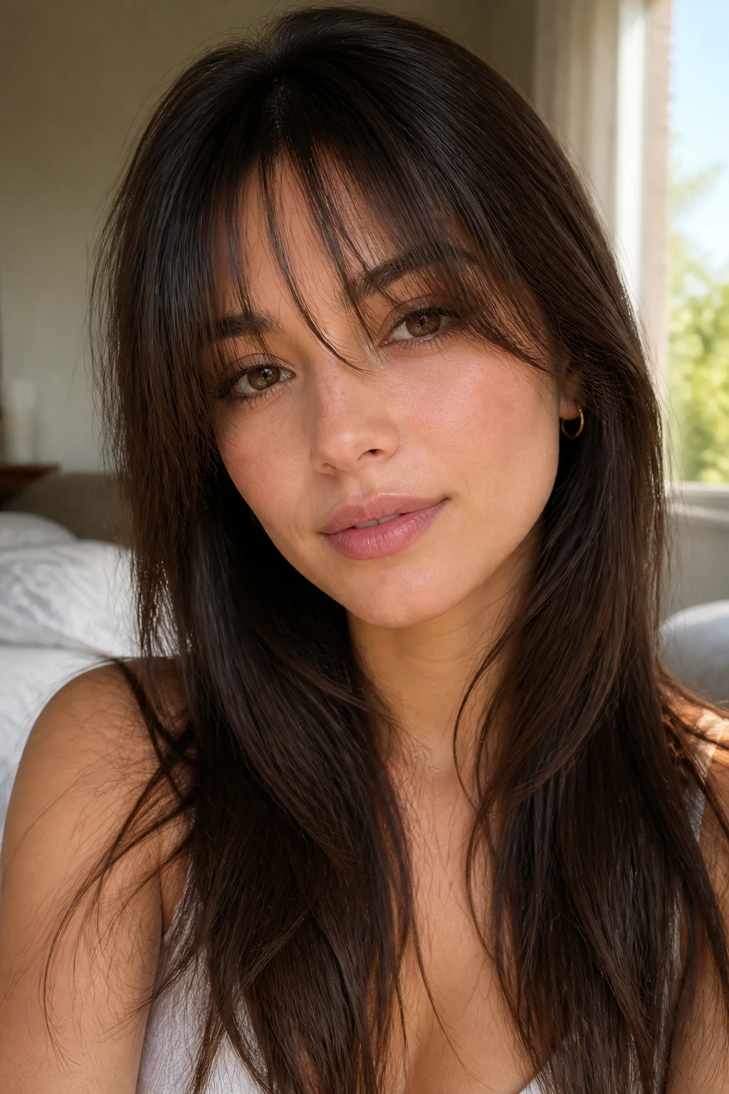 Close-up of a real woman with airy razor-cut fringe and soft separation on an oval face, natural light
