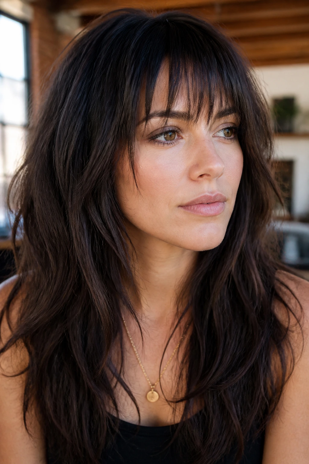 Close-up portrait of a woman with razor-cut piecey fringe on thick hair