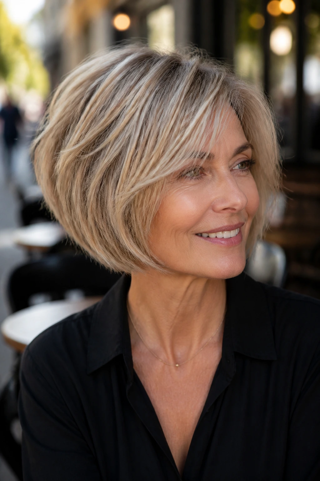 Medium close-up of a real woman with a razor-cut layered bob and piecey ends