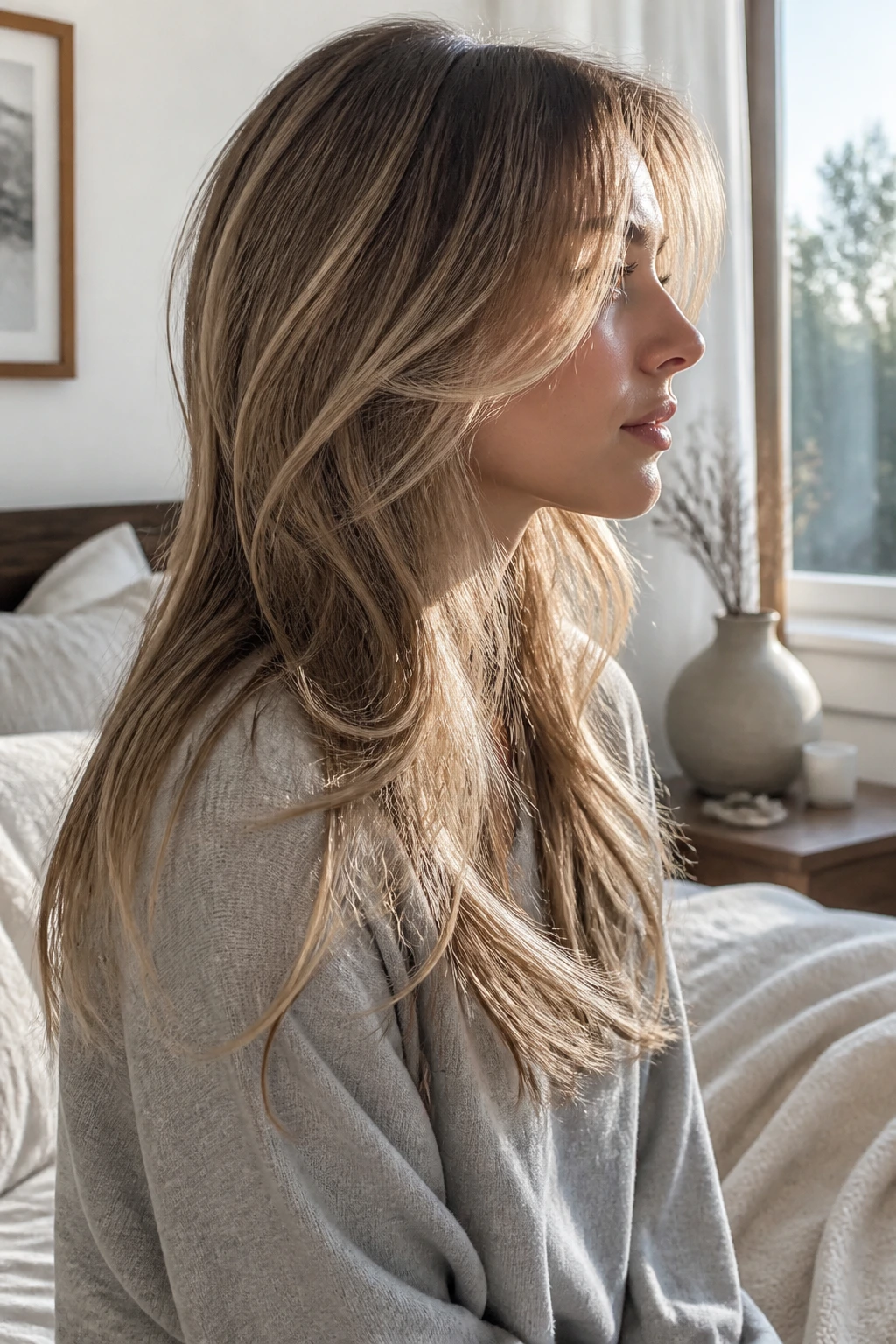 Side-profile of a real woman with razored long layers creating airy separation