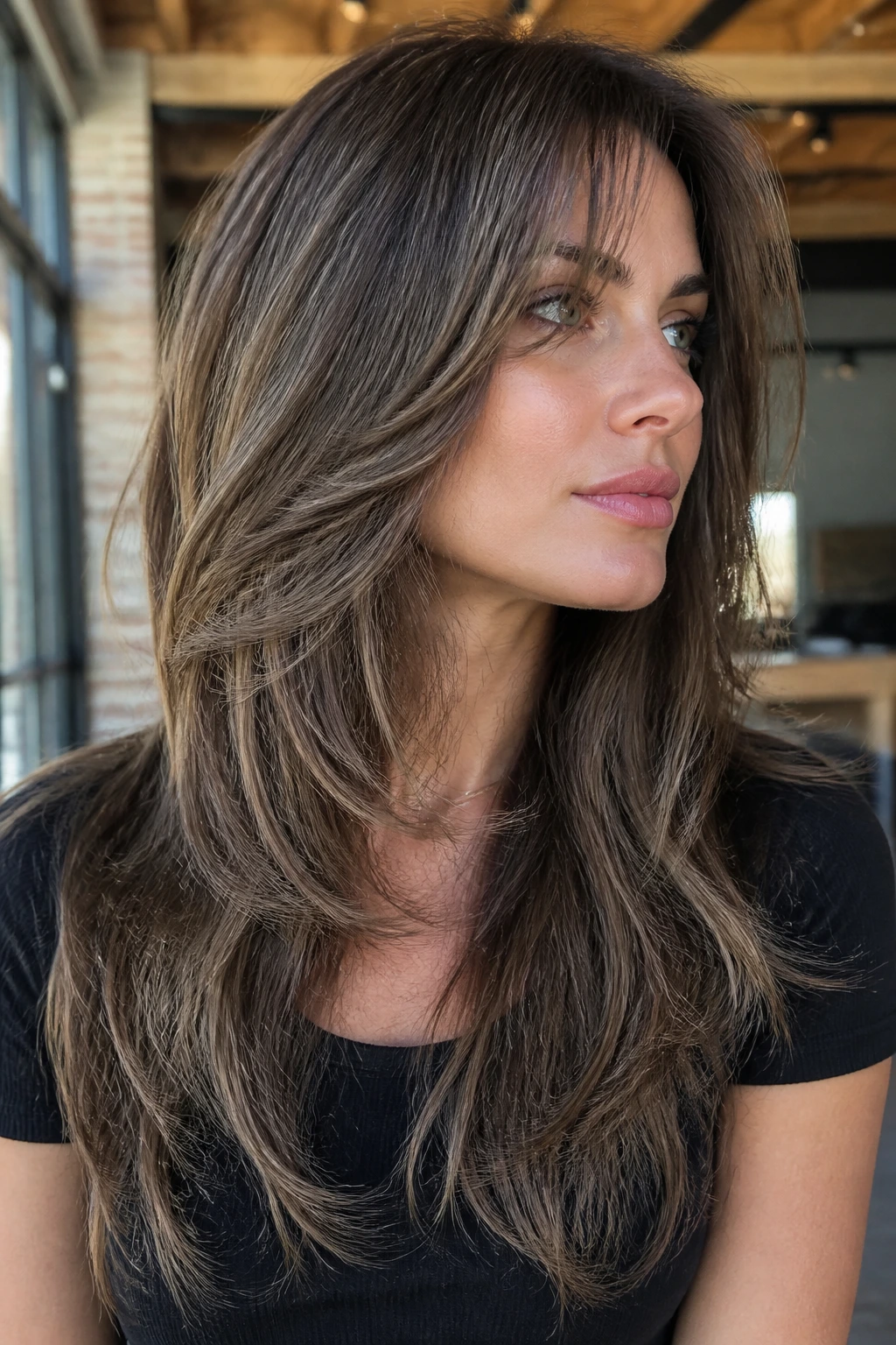 Portrait of a real woman with razored layers and ash brown dimension