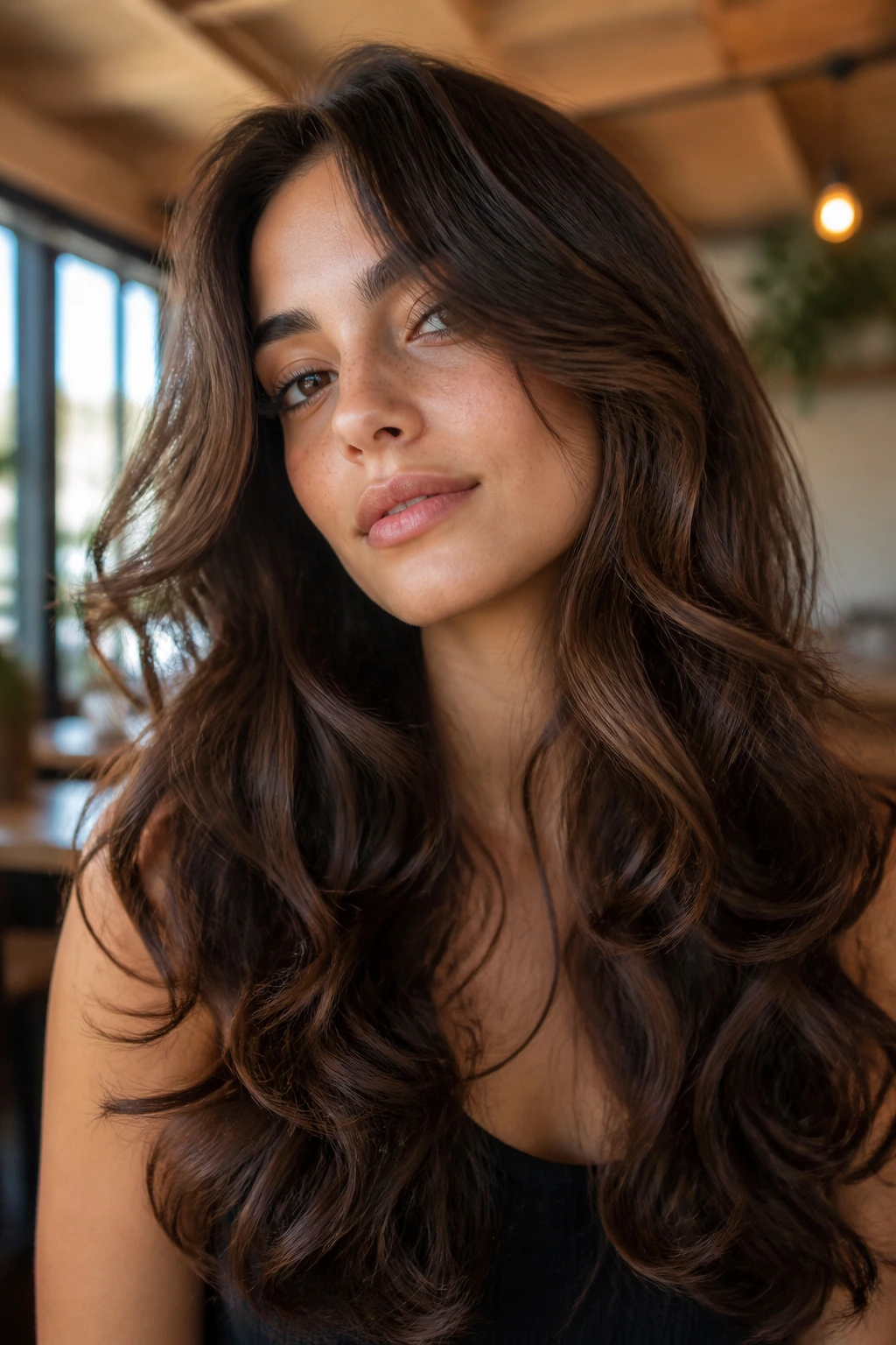 Close-up portrait of a real person with razored soft-edge layers on long loose curls in a cafe