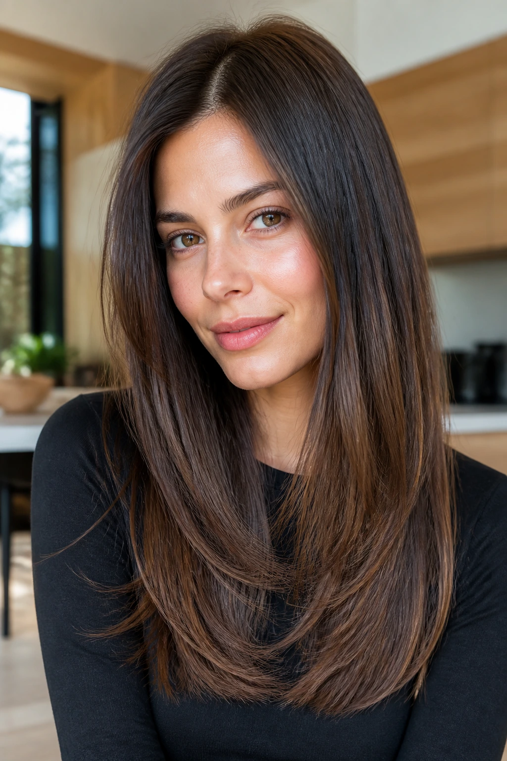 Close-up of a real woman with razor-cut layers on dense straight hair