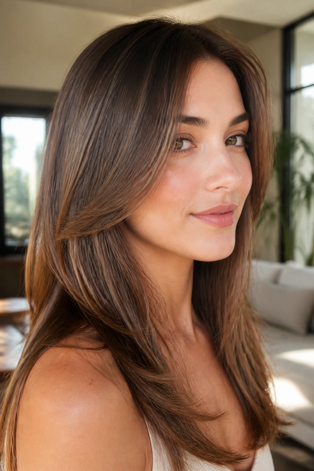 Close-up portrait of a real woman with airy razored layers at the cheekbone