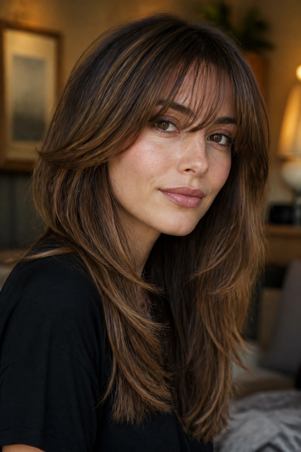 Close-up of a real woman with razored layers and soft fringe in warm home lighting