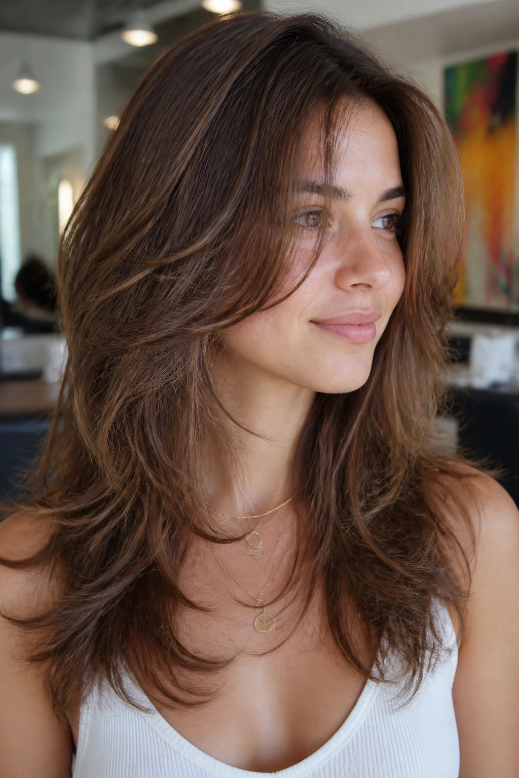 Portrait of a woman with razored layers for soft separation in a bright salon
