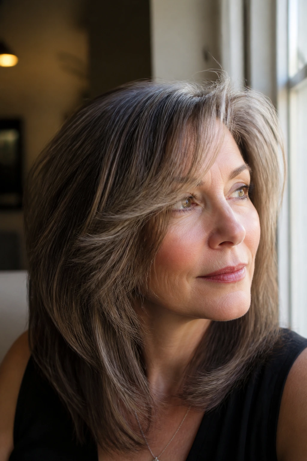 Close-up of a woman with thick dense hair showing razor-layer texture