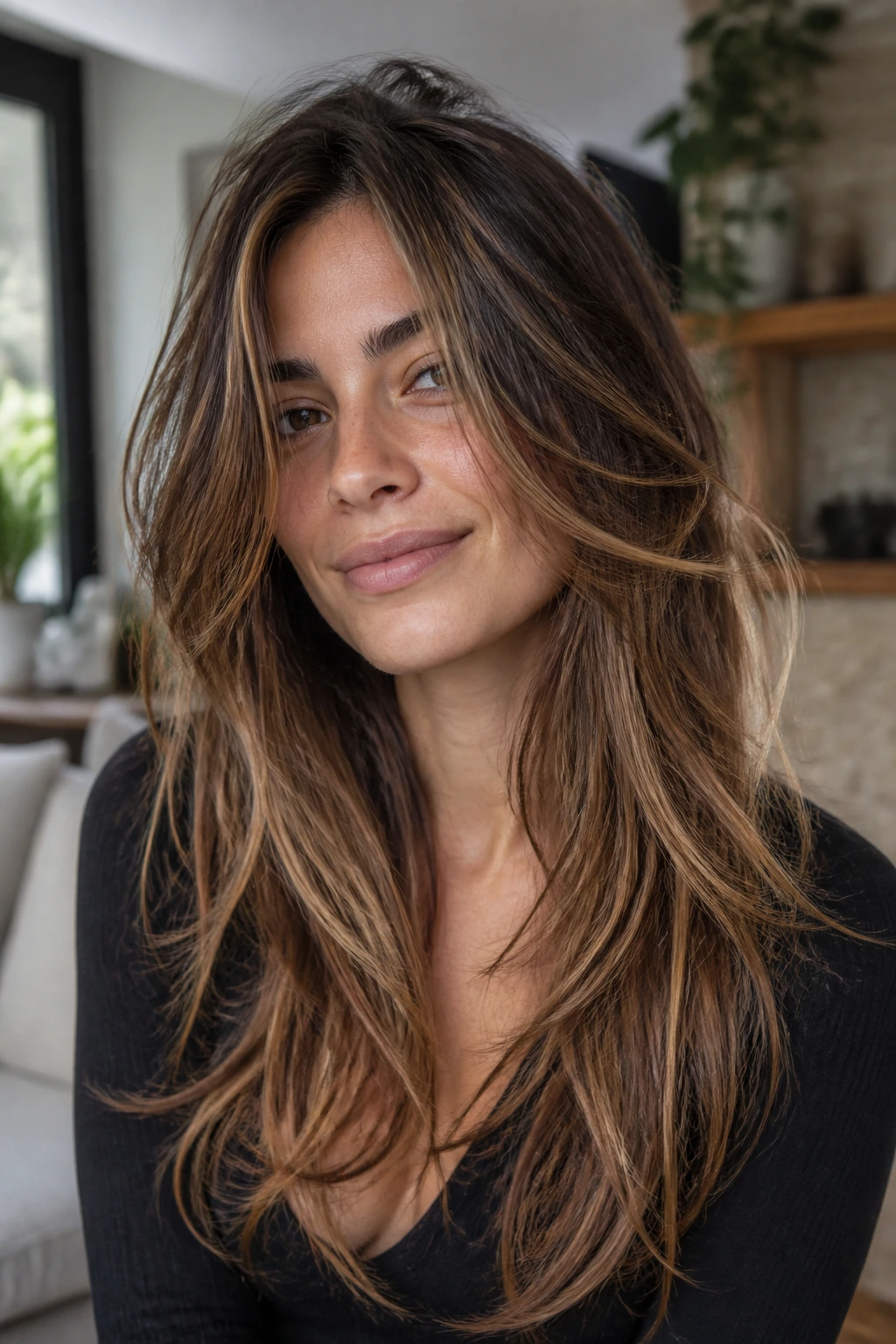 Close-up of a real woman with long razored layers and caramel streaks in a cozy room