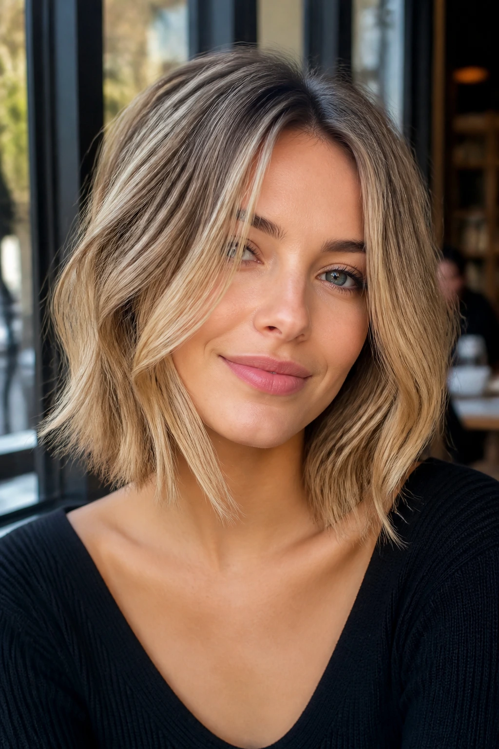 Close-up of a real woman with a razored lob and airy texture