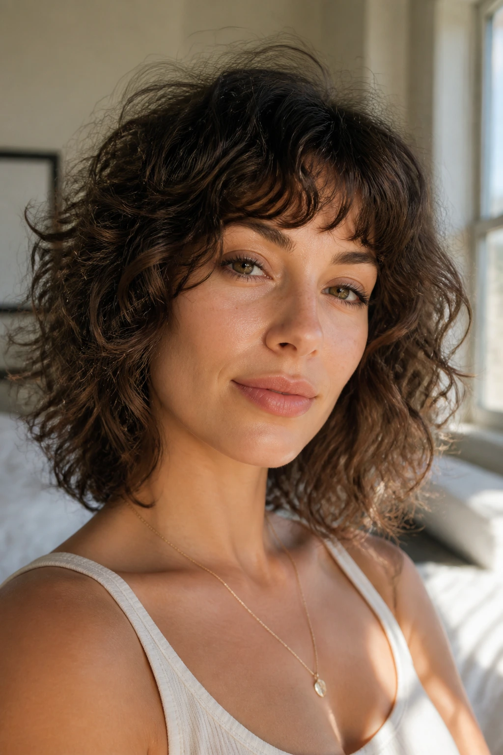 Close-up of a real woman with a Razored Lob With Airy Ends in sunlit bedroom.