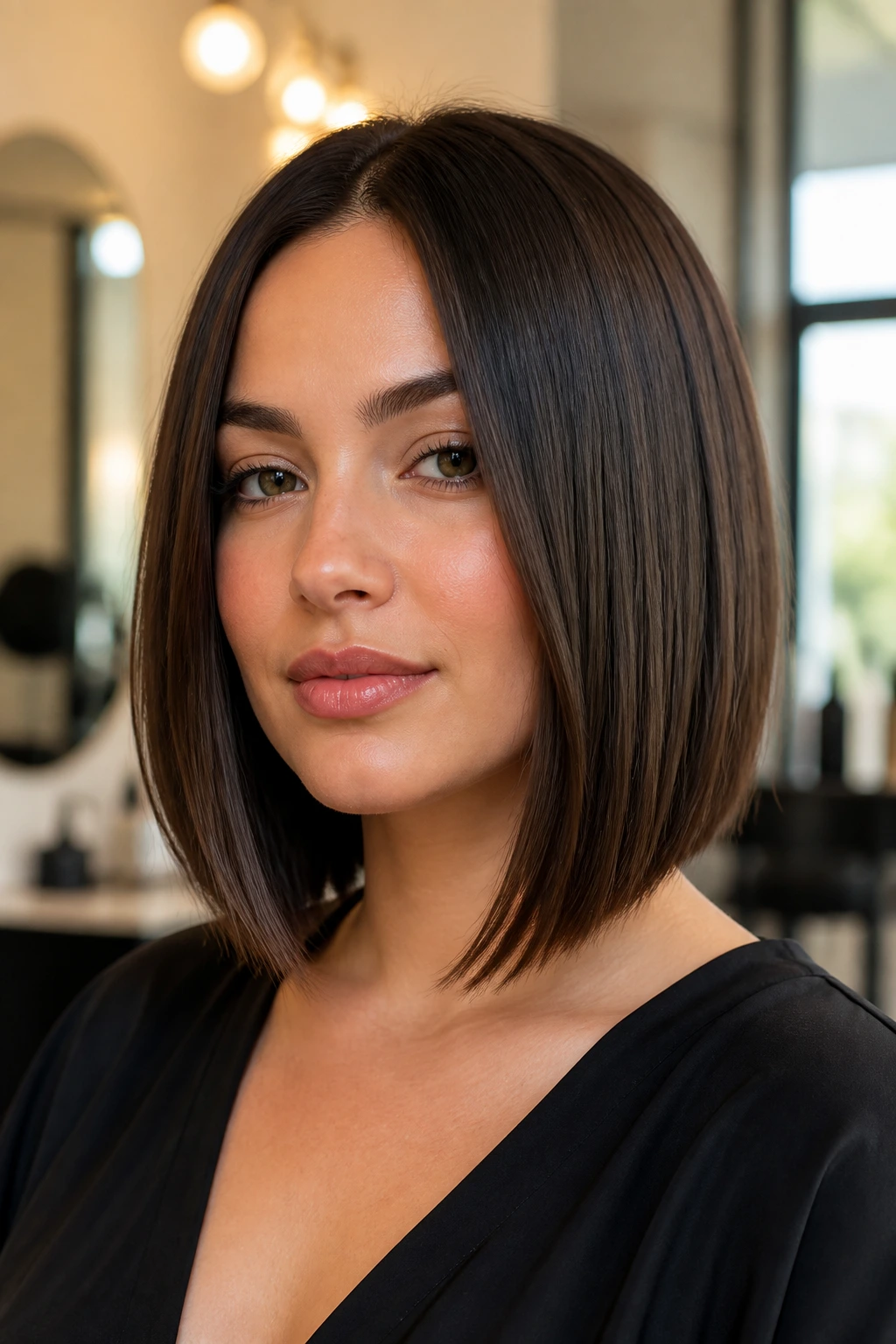 Close-up portrait of a real woman with a glossy razored glass-hair lob along the jawline