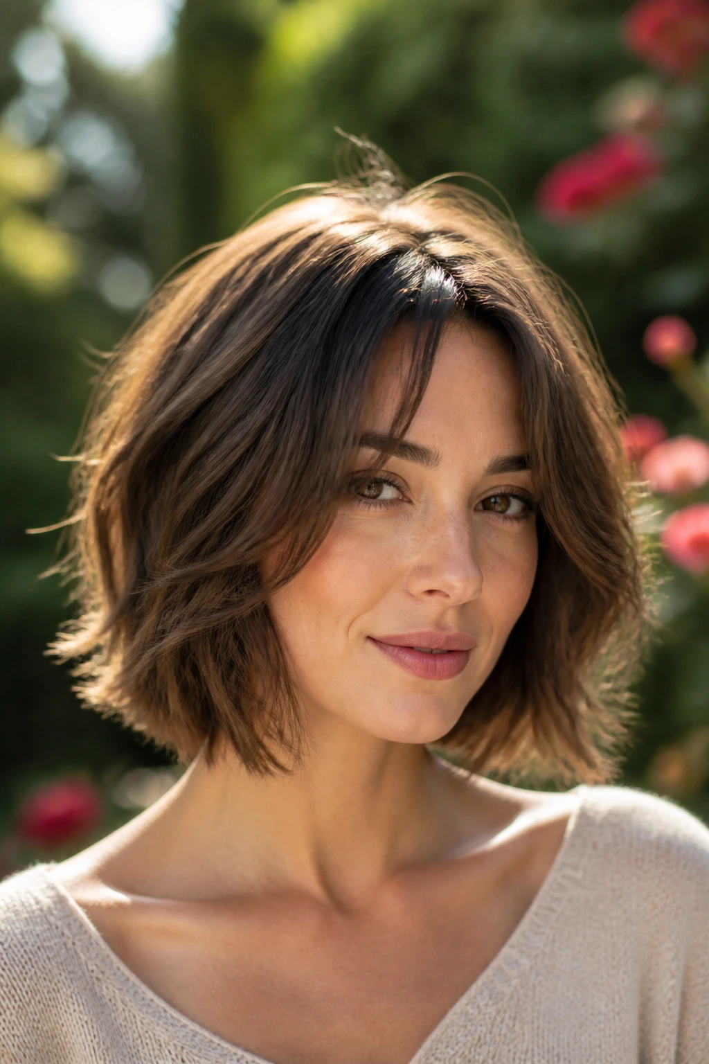Real woman with razor-cut lob and lightweight ends in sunlight.