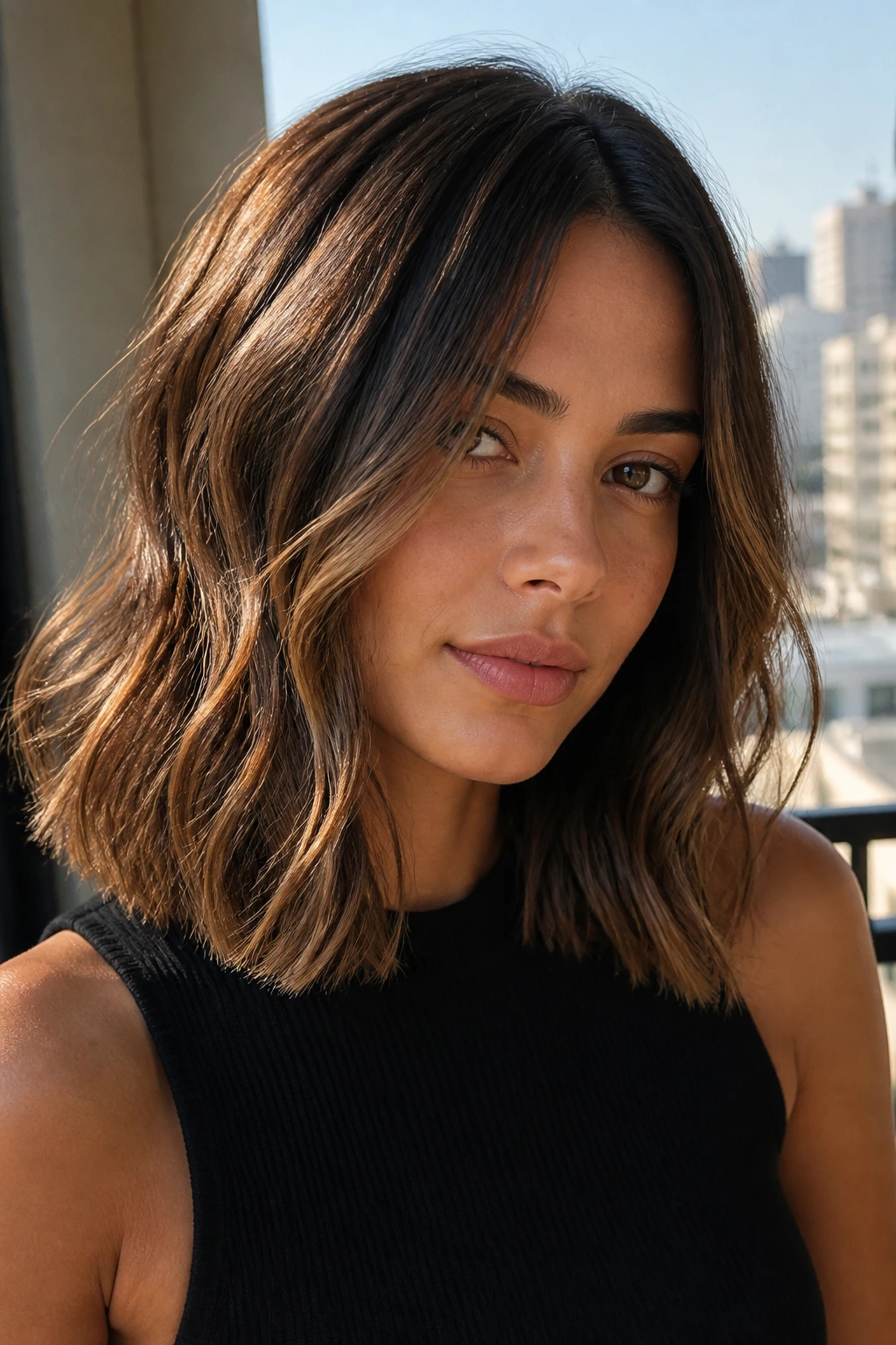 Close-up of a real woman with a mocha brunette razored lob and subtle highlights
